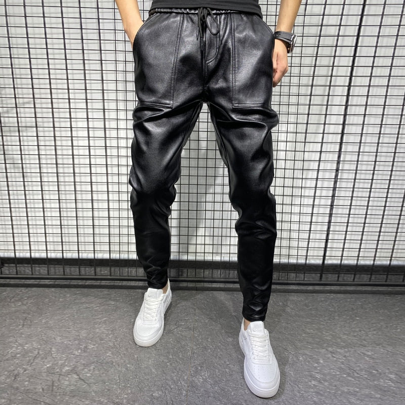 New Winter Thick Warm PU Leather Pants Men Clothing 2022 Simple Big Pocket Windproof Casual Motorcycle Trousers Black Plus Size
