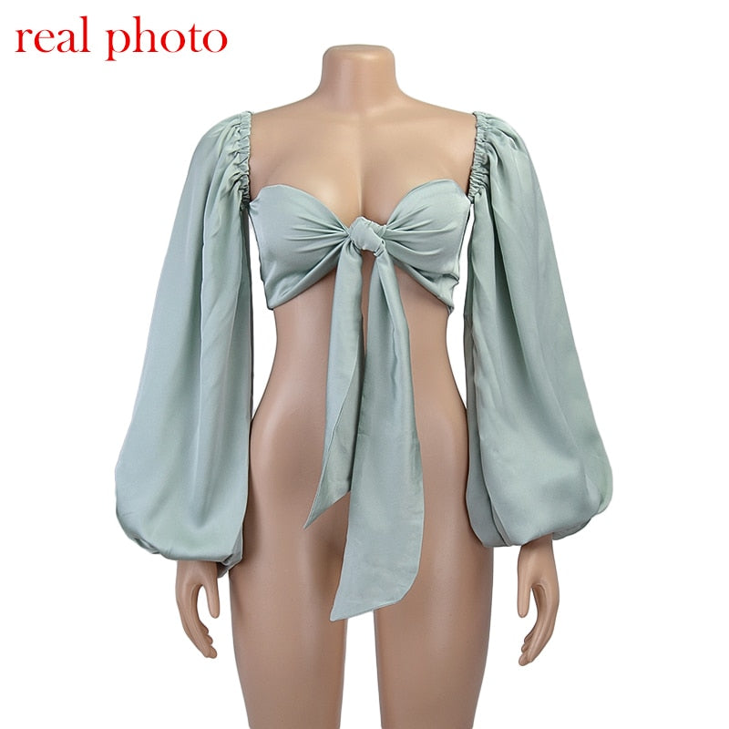 Cryptographic Sexy Backless Fashion Square Collar Wrap Women Shirts Batwing Sleeve Solid Crop Tops Women Tops and Blouses 2021