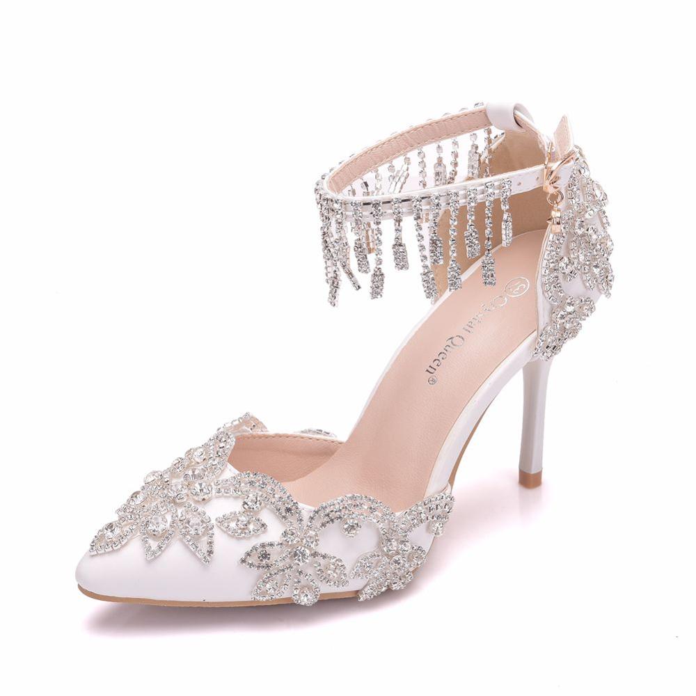 Crystal Queen Women White Tassel Wristband Wedding Shoes Bride High Heels Sandals Female Dress Pumps