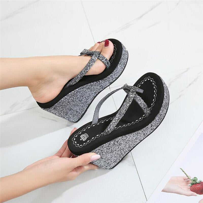 TIMETANGSummer platform women shoes beach sandals rhinestones sequins slope with flip flops breathable shiny wedges women