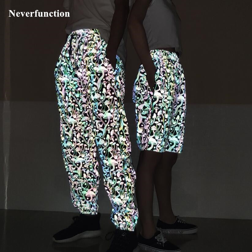 Men Harajuku Night Colorful reflective Mushroom printed Casual Pants Streetwear Man  Hip Hop Elastic waist  joggers sweatpants