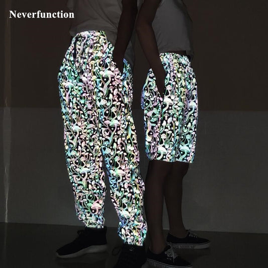 Men Harajuku Night Colorful reflective Mushroom printed Casual Pants Streetwear Man  Hip Hop Elastic waist  joggers sweatpants