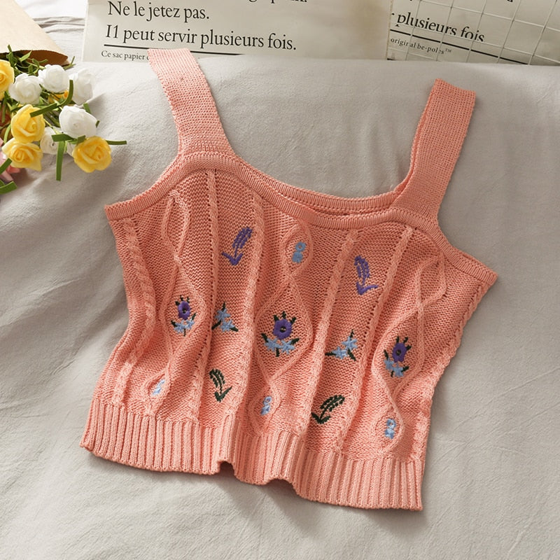 HELIAR Women Flower Embroidery Knitted Crop Tops Women Casual Tube Tops Casual Ribbed Cute Tops Crop Tops Women 2021 Summer