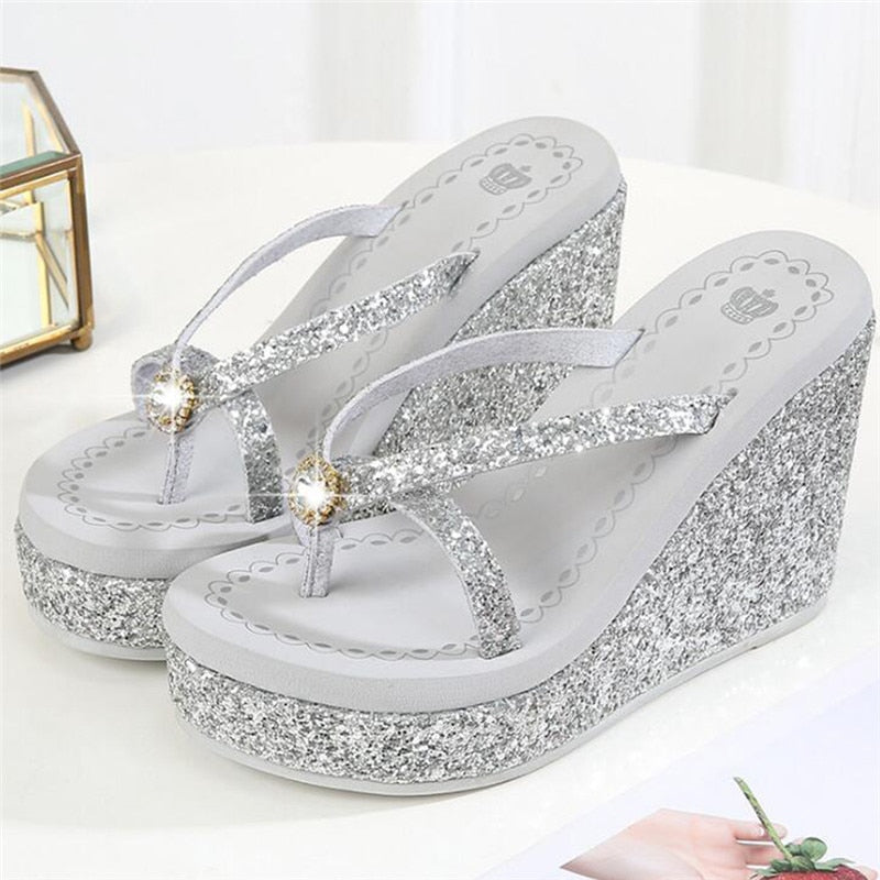TIMETANGSummer platform women shoes beach sandals rhinestones sequins slope with flip flops breathable shiny wedges women