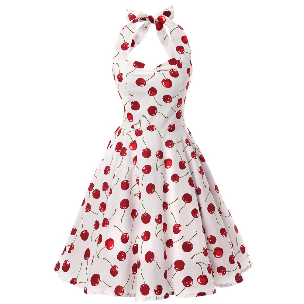 Women Red Cherry Party Dress Vintage 50s Rockabilly Hepburn Dress 2022 Elegant Summer Strapless Swing Retro Halter Pin up Dress