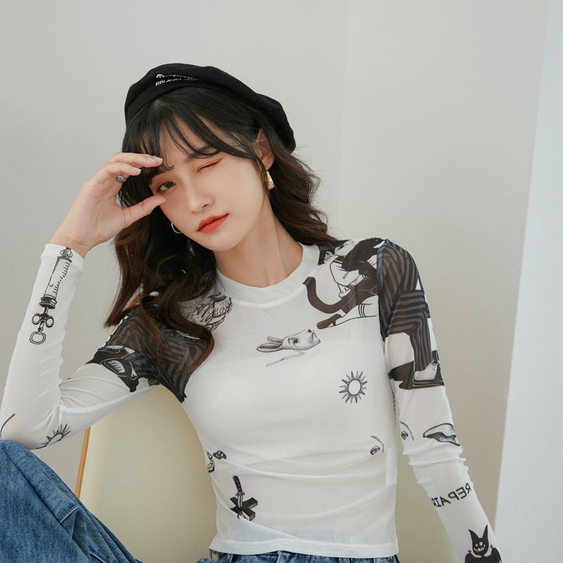 CHEERART White Mesh Top Long Sleeve Basic Tshirt Women Transparent Tight Top Vintage Printed Summer T Shirt Fashion 2020