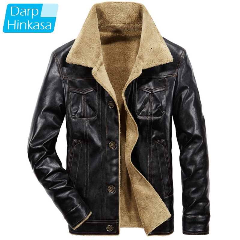 2020 New Men Winter Leather Jacket Fur Collar Bomber Jacket Men Thick Warm Plus Velvet  Casual Motor Jacket Men Plus Size