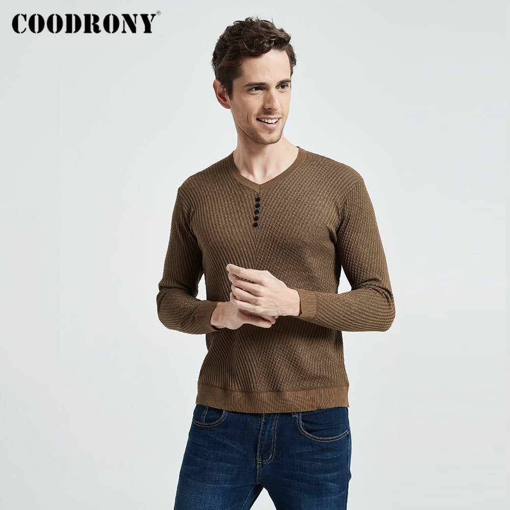 COODRONY Brand Sweater Men Casual Button V-Neck Pullover Shirt Spring Autumn Slim Fit Long Sleeve Knitted Soft Cotton Pull Homme