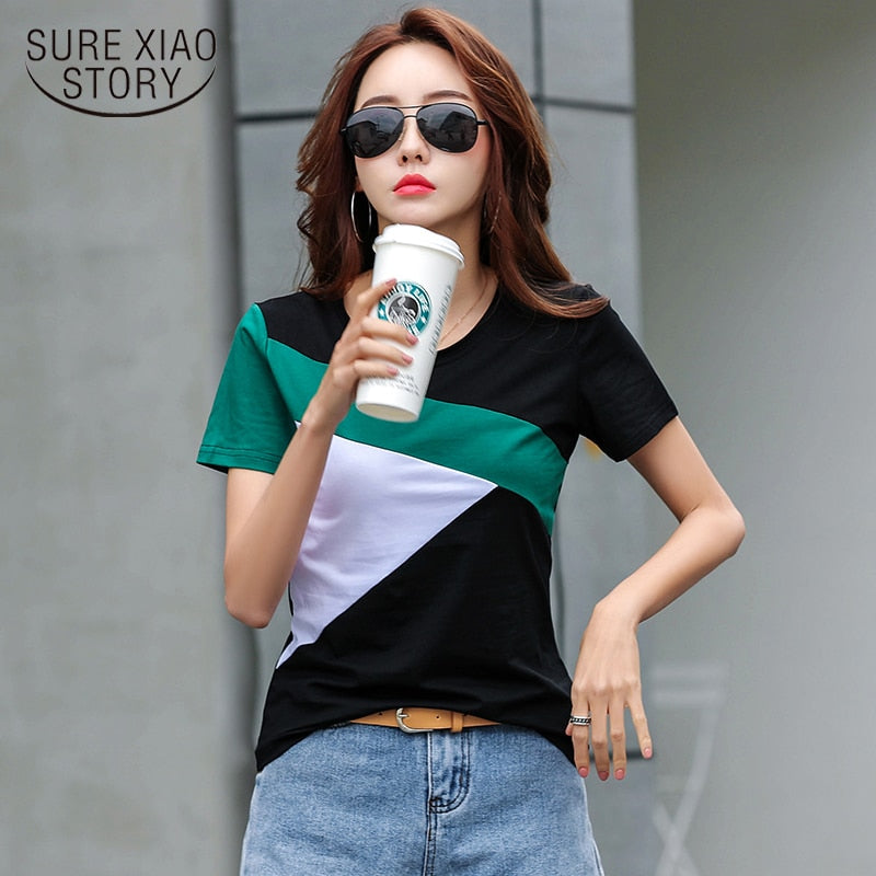 Slim Shirt 2021 Summer The New Fashion Women Short Shirt Stitching Shirt Round Neck Short Sleeve Women Tops and Blouse 2575 50
