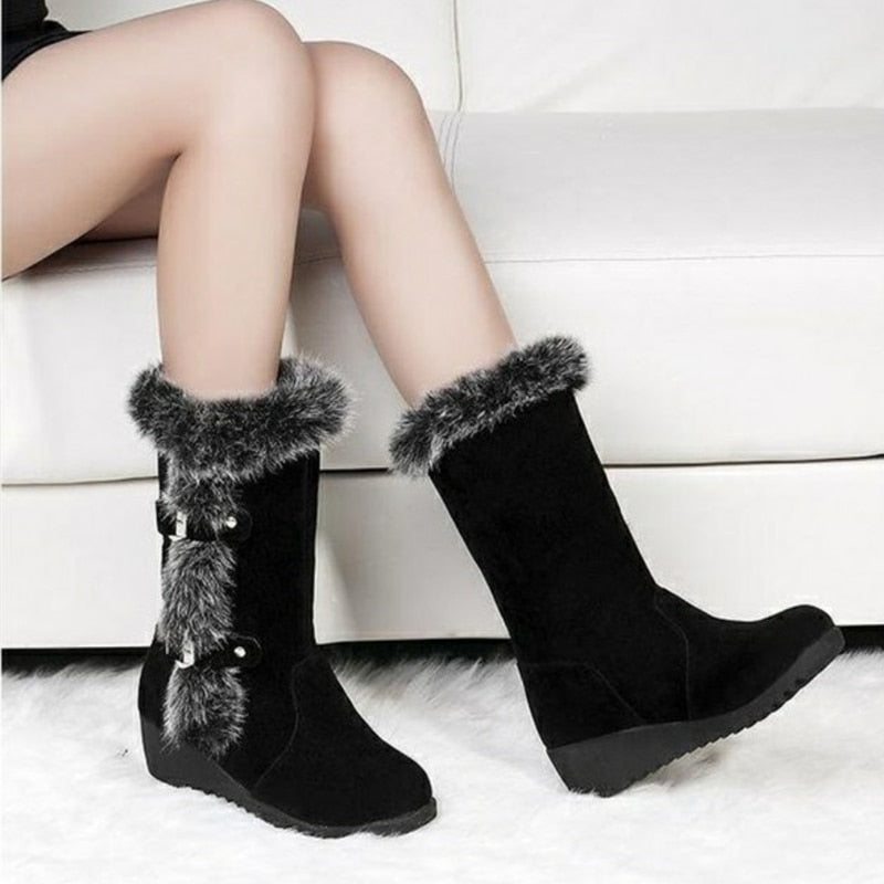 Women Winter Boots Flock Winter Shoes Ladies Fashion Snow Boots Shoes Thigh High Suede Mid-Calf Boots