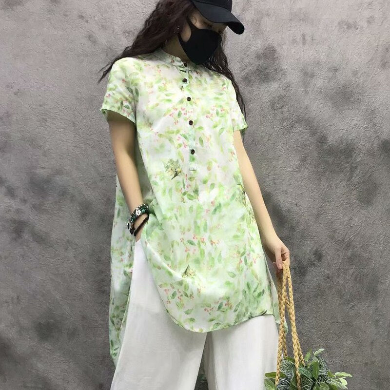 Summer 2019 women's new vintage ramie digital printing short sleeve T-shirt women's irregular long jacket women