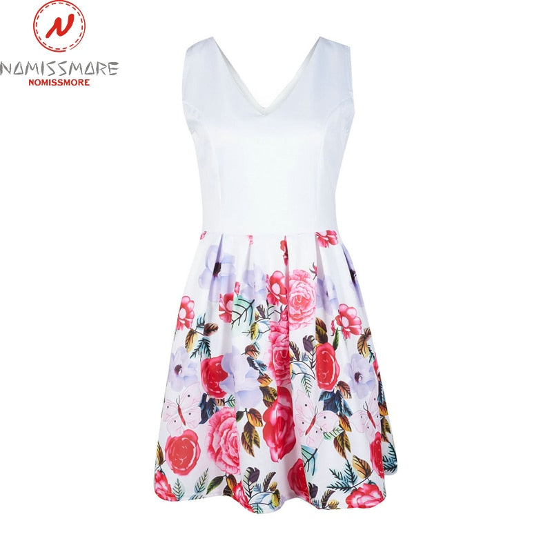 Women Summer Flower Printed A-Line Dress O-Neck/V-Neck Sleeveless Mini Dress Elegant Lady Steetwear Party Dress (Without Belt)