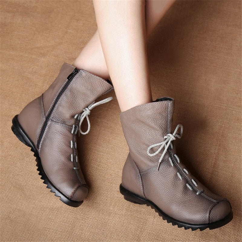 JIANBUDAN/ Genuine Leather Plush women&#39;s short Boots Retro Casual Autumn Winter Women&#39;s Boots Waterproof leather warm Snow boots