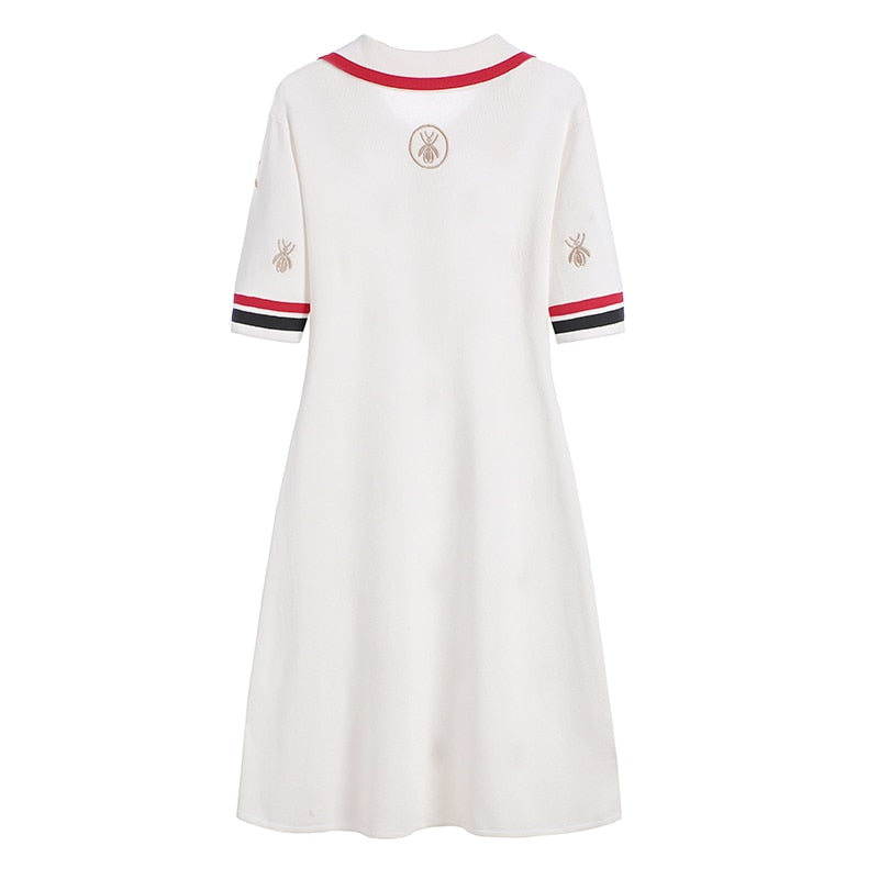 2022 Spring Summer Knit Cartoon Embroidered Polo Dress Woman Plus Size Black Casual Knee-length Straight Dresses Female