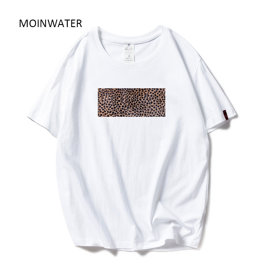 MOINWATER New Women Fashion Leopard Print T shirts White Black Cotton Streetwear T-shirts Lady Casual Tees&amp;Tops MT1964