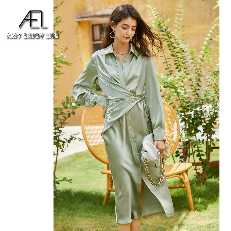 AEL lace up satin robe dress casual loose ladies Single breasted long shirt dress