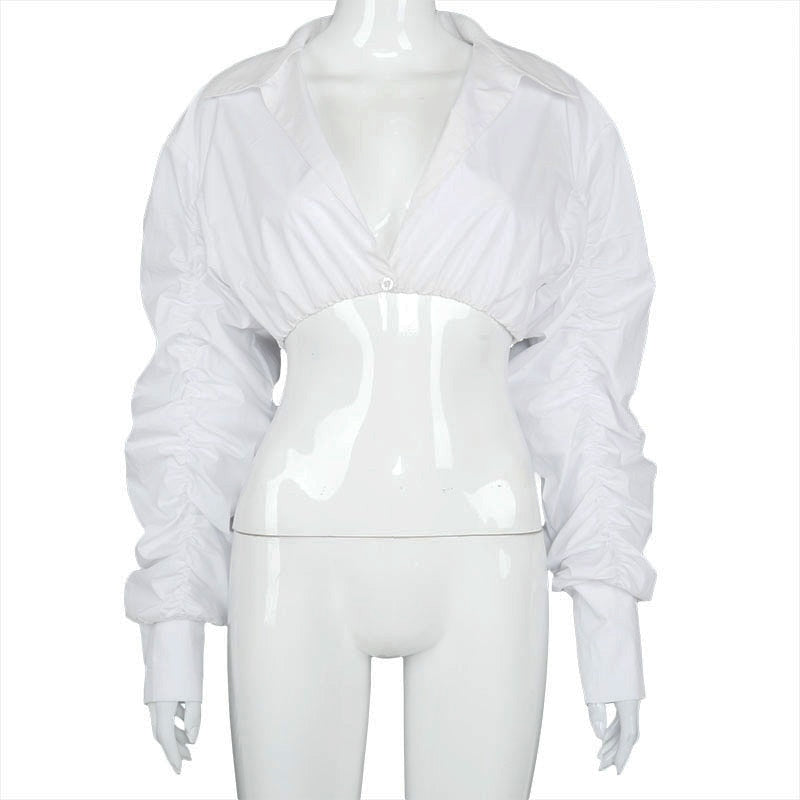 V Neck Rucehd White Puff Sleeve Shirts Women Long  Fashion Sping2020 Clothing Crop Blouses Solid Slim Hot