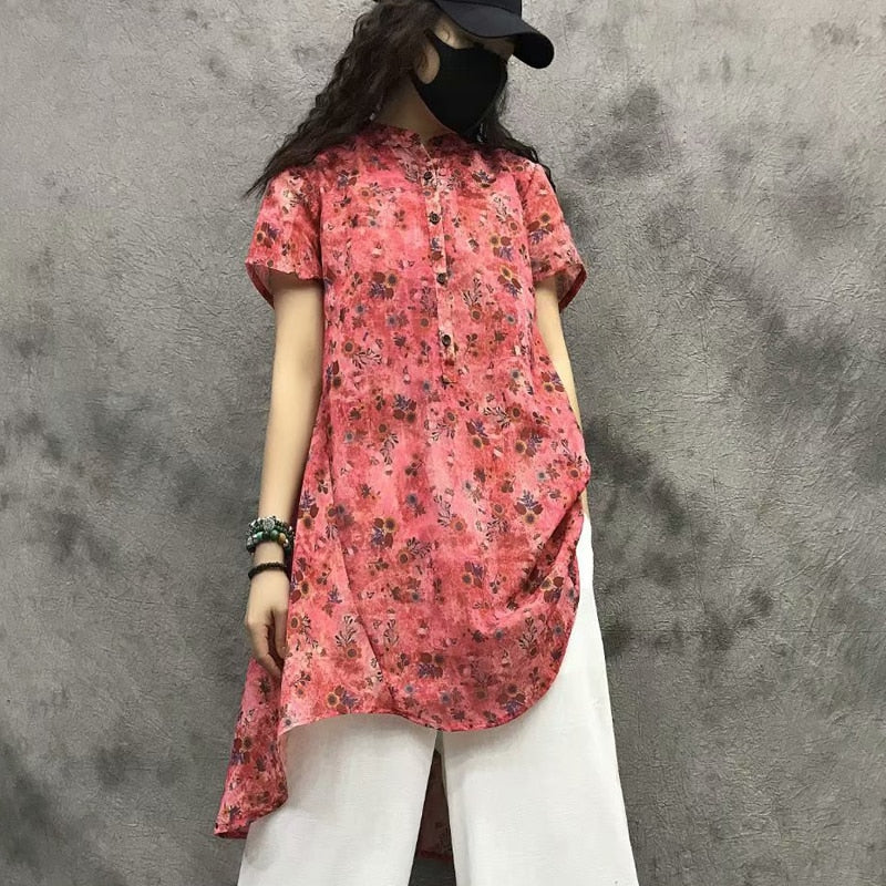 Summer 2019 women's new vintage ramie digital printing short sleeve T-shirt women's irregular long jacket women