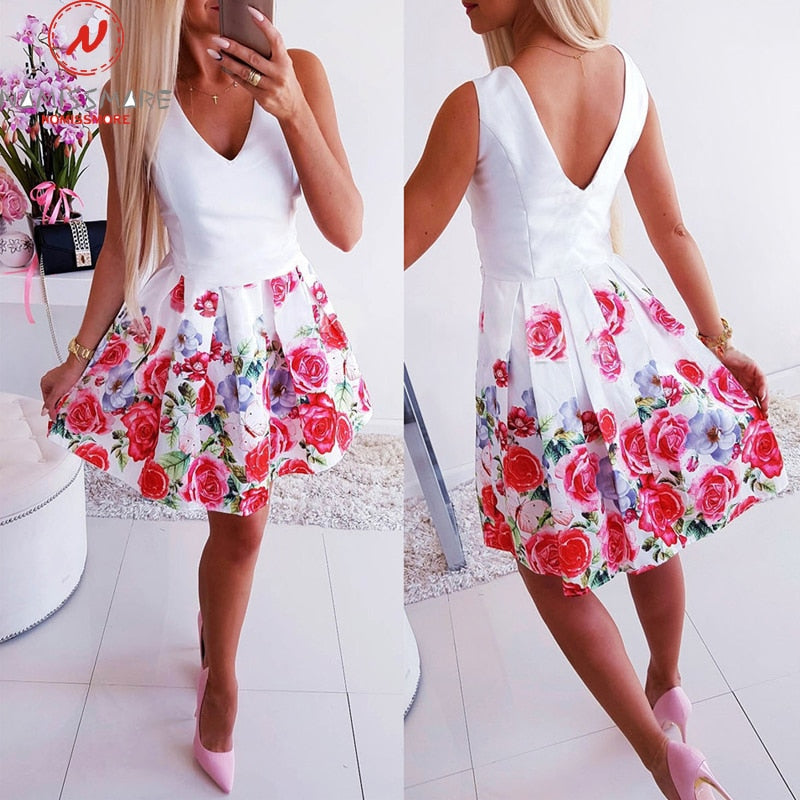 Women Summer Flower Printed A-Line Dress O-Neck/V-Neck Sleeveless Mini Dress Elegant Lady Steetwear Party Dress (Without Belt)