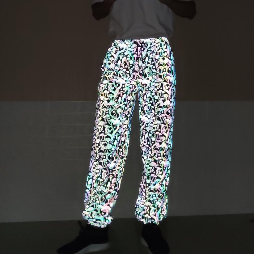 Men Harajuku Night Colorful reflective Mushroom printed Casual Pants Streetwear Man  Hip Hop Elastic waist  joggers sweatpants