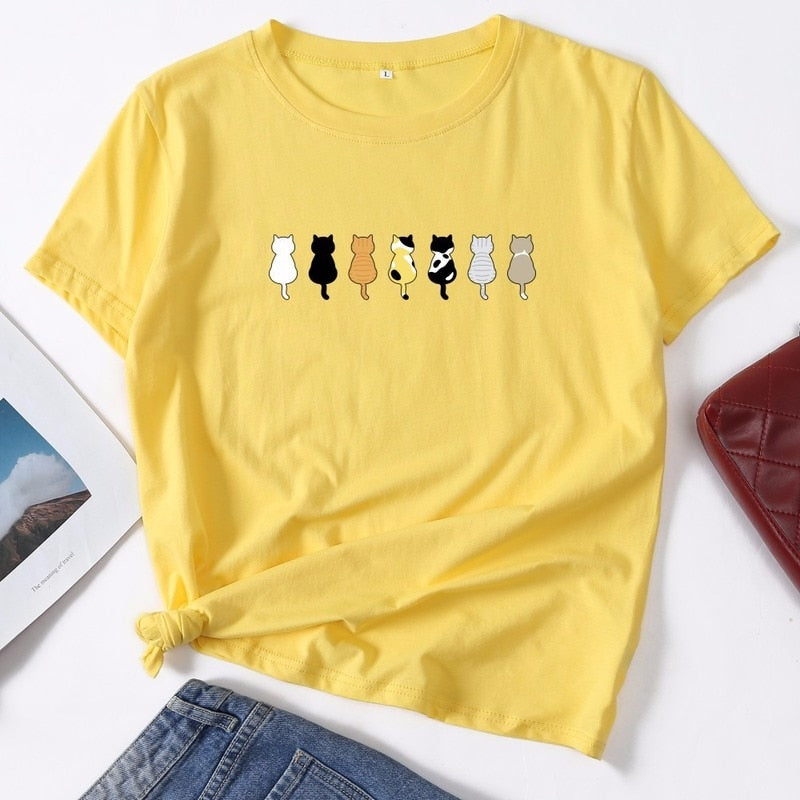 Cotton Summer Women T Shirt S-5XL Versatile Cute Cats Print Short Sleeve Ladies Basic Tees Top Casual O-Neck Female Woman TShirt
