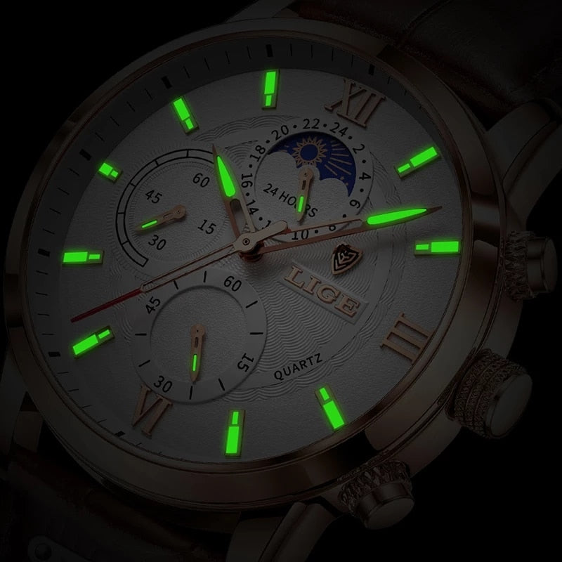 LIGE Men Watches 2022 New Fashion Leather Waterproof Luminous Top Brand Luxury Mens Quartz Wristwatch Men Relogio Masculino+box