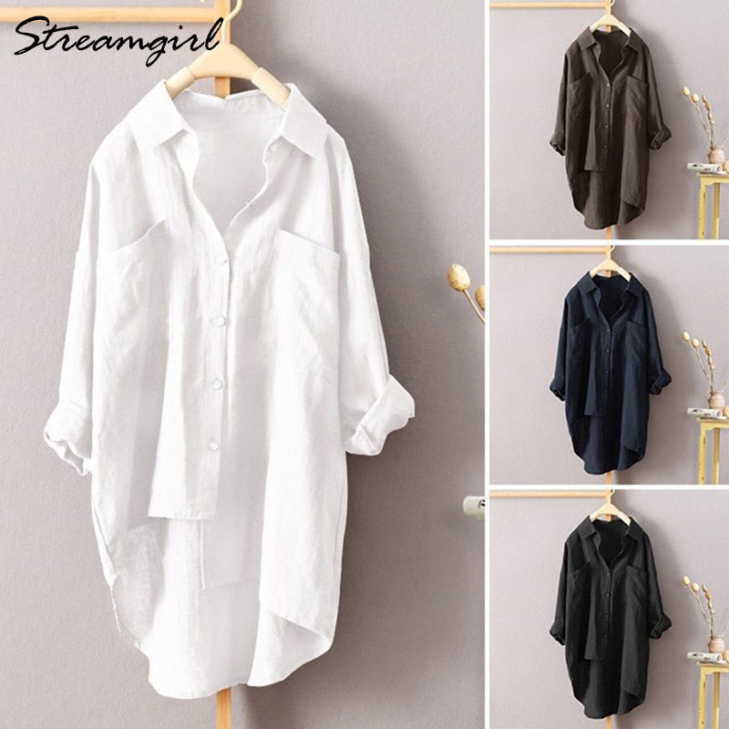 White Linen Shirt Women Long Sleeve Autumn Work Wear White Shirt Linen Blouse Female Women's Blouse Women's Shirts With Pocket