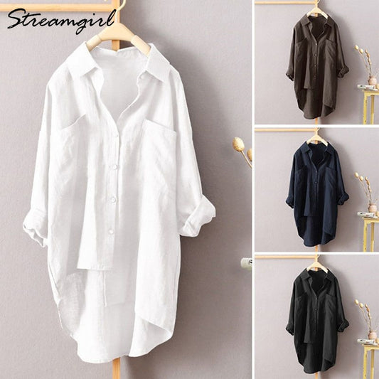 White Linen Shirt Women Long Sleeve Autumn Work Wear White Shirt Linen Blouse Female Women's Blouse Women's Shirts With Pocket