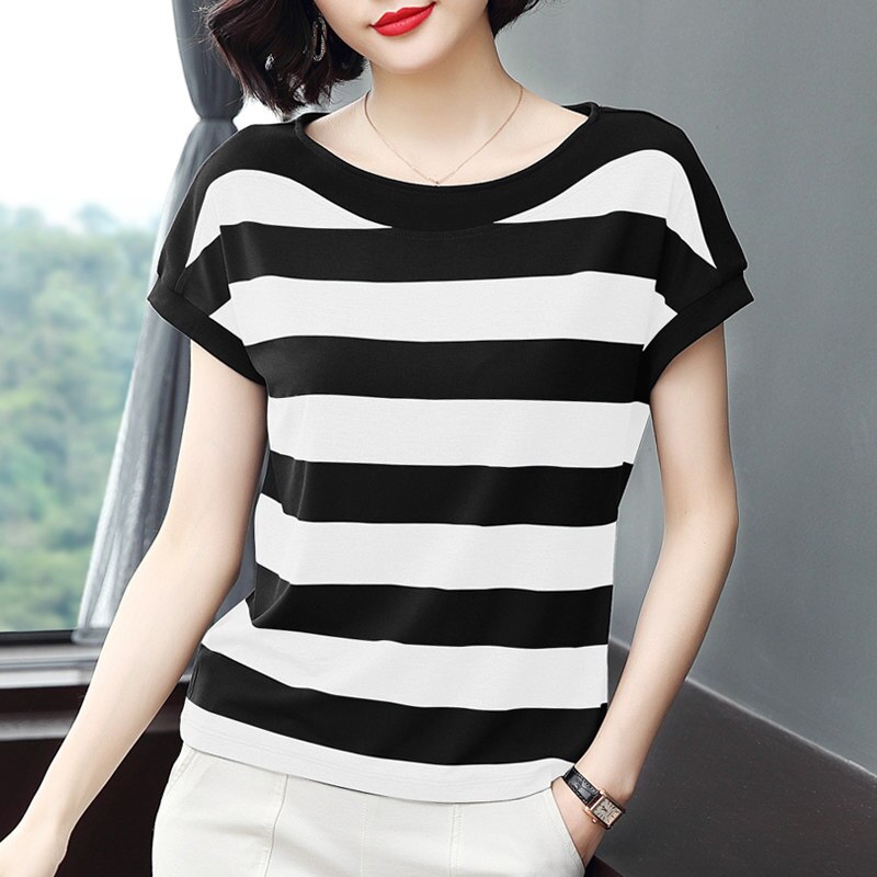 Cotton Black Striped Women Summer Loose T-Shirts 2022 Female Plus Size Short Sleeve Casual O-Neck Modal T Shirt Ladies Soft Tops