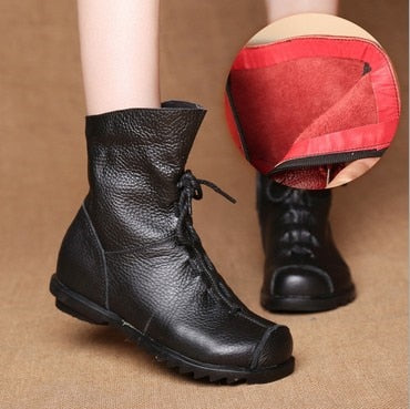 JIANBUDAN/ Genuine Leather Plush women&#39;s short Boots Retro Casual Autumn Winter Women&#39;s Boots Waterproof leather warm Snow boots