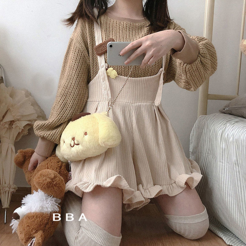 Solid Corduroy Playsuits Women Ruffles Loose Spring Korean Style Ulzzang Kawaii Harajuku Leisure Soft Female Rompers Popular Ins