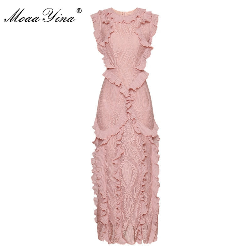 MoaaYina Fashion Designer dress Spring Summer Women&#39;s Dress Sleeveless Lace Patchwork Ruffles Elegant Party Slim Dresses