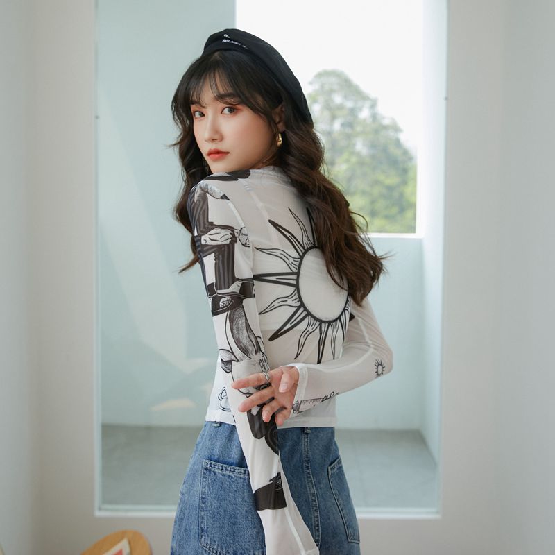 CHEERART White Mesh Top Long Sleeve Basic Tshirt Women Transparent Tight Top Vintage Printed Summer T Shirt Fashion 2020