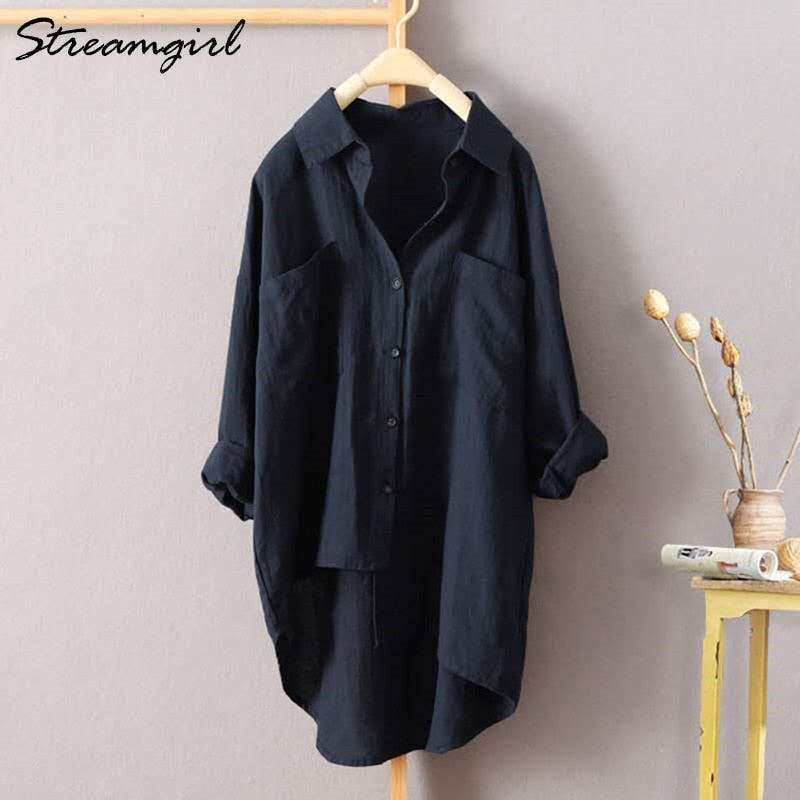 White Linen Shirt Women Long Sleeve Autumn Work Wear White Shirt Linen Blouse Female Women's Blouse Women's Shirts With Pocket