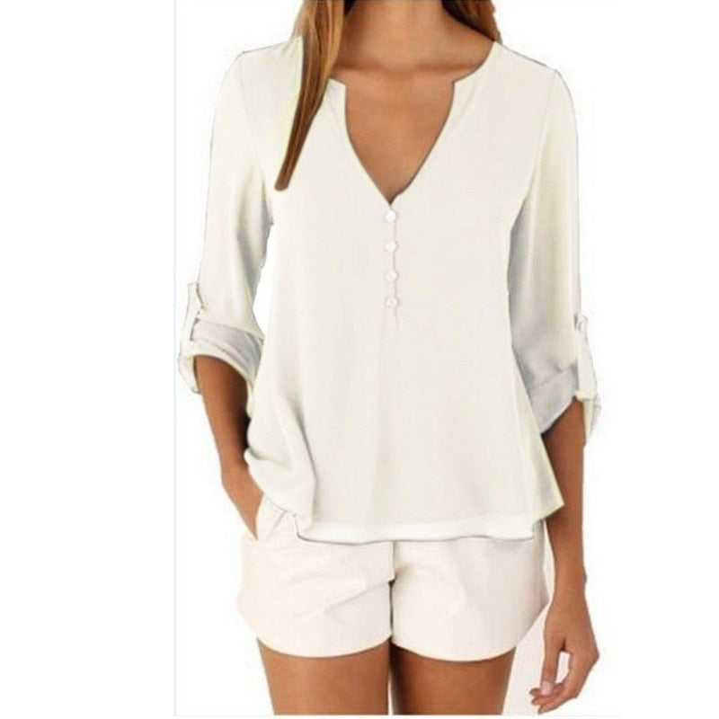 2022 Women Shirts Summer Autumn Casual V-neck Chiffon Blouse Women Tops And Blouses Long Sleeve Black White Ladies Blouse Shirt