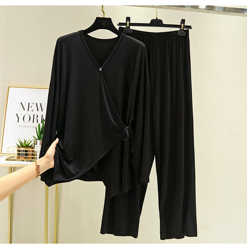 Fdfklak 2 Piece Set Pink/Gray Home Suit For Women Modal Home Cloth Loose Women&#39;s Pajamas Set Female Homewear Suit 2020 New