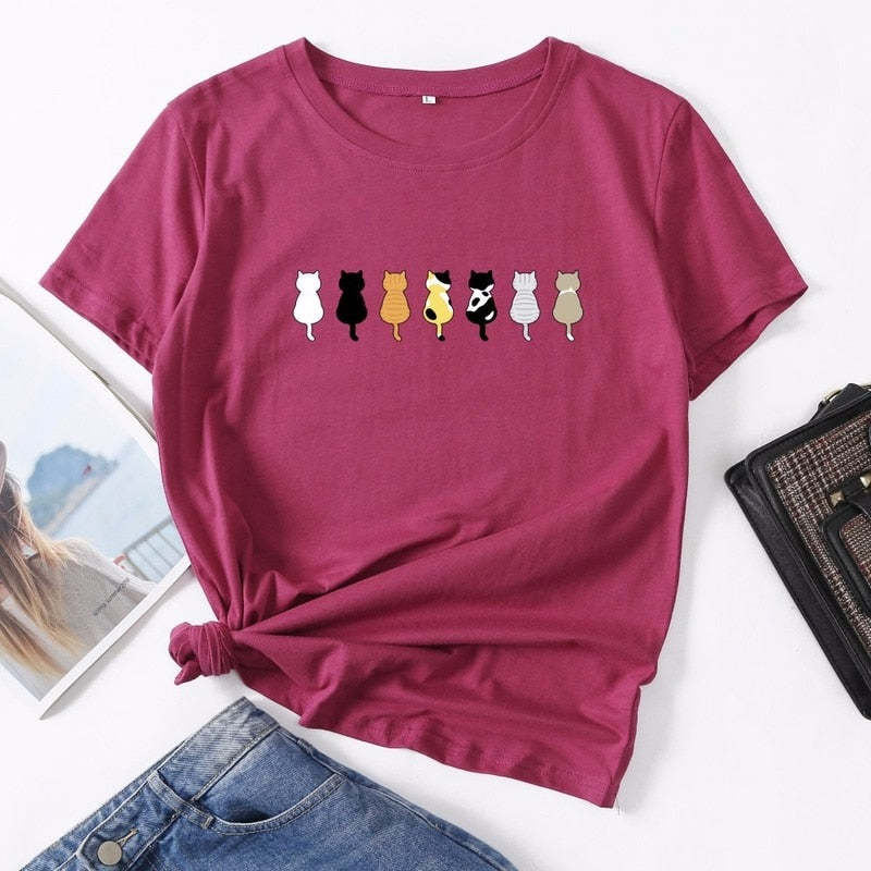 Cotton Summer Women T Shirt S-5XL Versatile Cute Cats Print Short Sleeve Ladies Basic Tees Top Casual O-Neck Female Woman TShirt