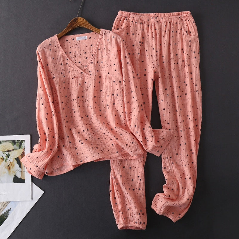 Women&#39;s Cotton Water-washed pajamas for women Pyjamas Sleepwear Pijamas Texture Crepe Gauze Long-sleeved Trousers Pajamas V-Neck