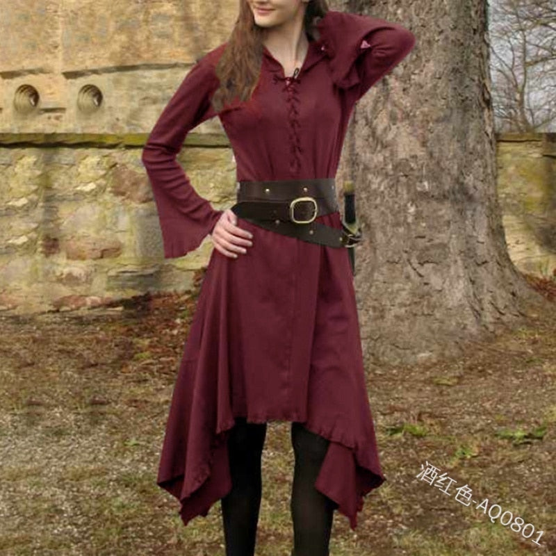 Vintage Dress for Women Solid V-neck Long Sleeve Mid-calf Length Gothic Dresses Medieval Ladies Cosplay Costume Without Belt