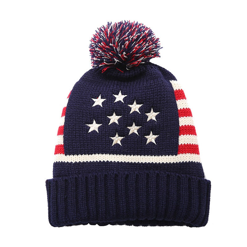 Winter Vintage Stars Stripe Knit USA Flag Beanie Skull Ski Pom Pom Hat Cap wool winter warm knitted caps and hats