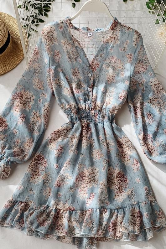 2019 new fashion women&#39;s French dress female temperament V-neck long-sleeved chiffon floral dresses