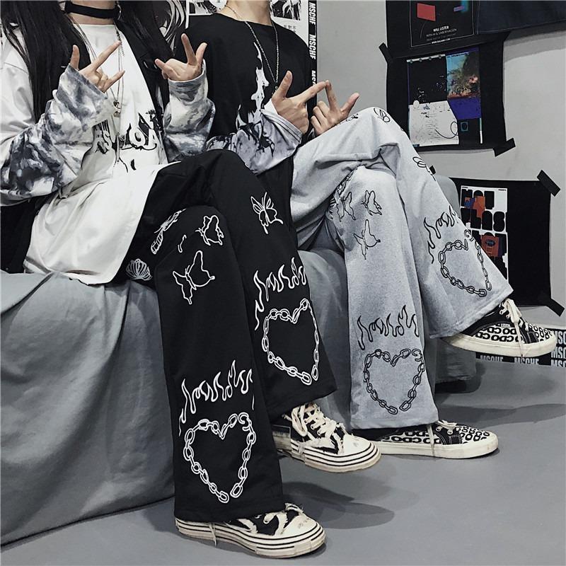 HOUZHOU Vintage Wide Leg Pants Winter Fashion 2020 Harajuku Print Trousers Women Loose Casual Korean Style High Waist Pants