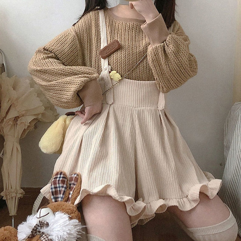 Solid Corduroy Playsuits Women Ruffles Loose Spring Korean Style Ulzzang Kawaii Harajuku Leisure Soft Female Rompers Popular Ins