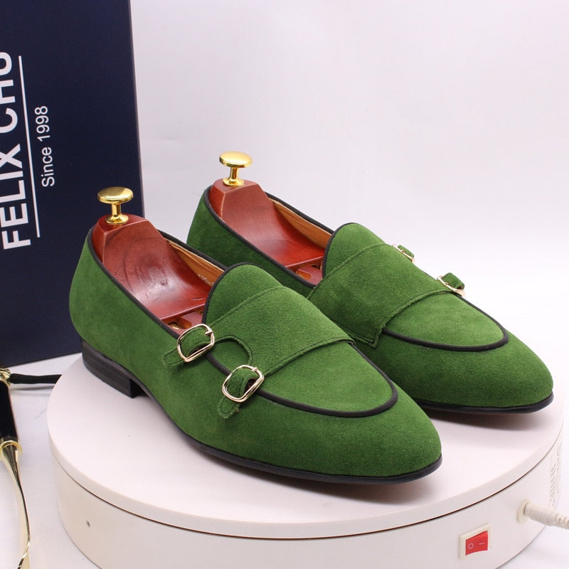 FELIX CHU Mens Suede Loafers Gentlemen Wedding Party Casual Slip On Shoes Black Brown Green Monk Strap Men Dress Shoes Leather