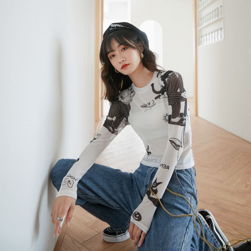 CHEERART White Mesh Top Long Sleeve Basic Tshirt Women Transparent Tight Top Vintage Printed Summer T Shirt Fashion 2020