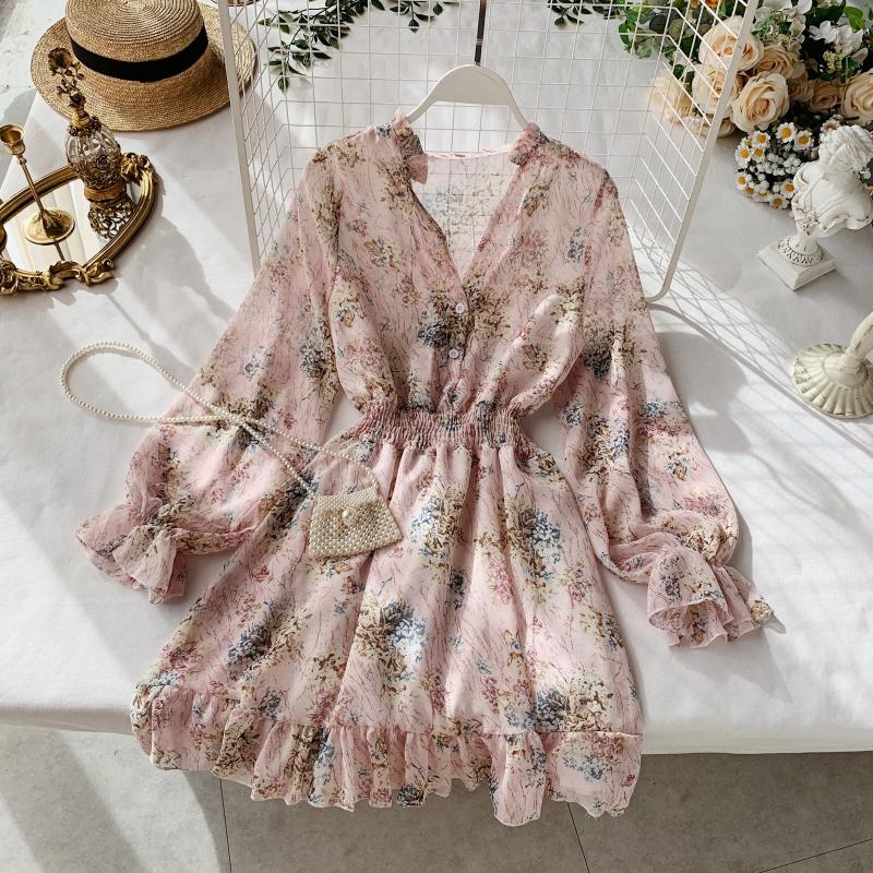 2019 new fashion women&#39;s French dress female temperament V-neck long-sleeved chiffon floral dresses