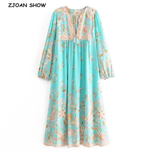 BOHO Mint Green Tassel Lacing up V neck Location Flower Print Long Dress Hippie Woman Strappy Long Sleeve Holiday Dresses Beach