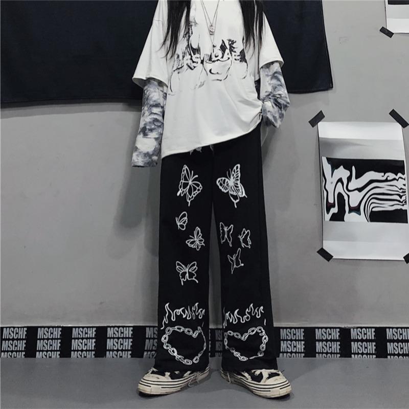 HOUZHOU Vintage Wide Leg Pants Winter Fashion 2020 Harajuku Print Trousers Women Loose Casual Korean Style High Waist Pants