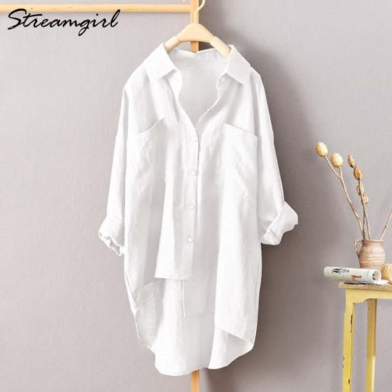 White Linen Shirt Women Long Sleeve Autumn Work Wear White Shirt Linen Blouse Female Women's Blouse Women's Shirts With Pocket