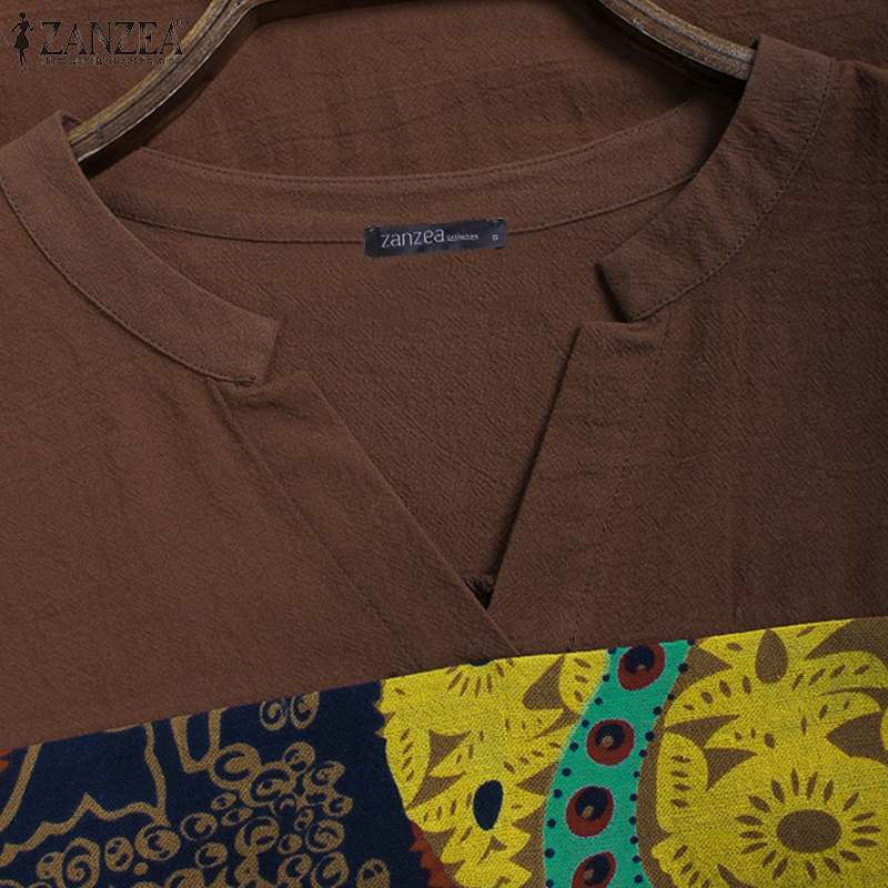 2022 ZANZEA Casual Cotton Blouse Women V Neck Long Sleeve Tunic Tops Autumn Vintage Printed Patchwork Loose Shirts Female Blusas